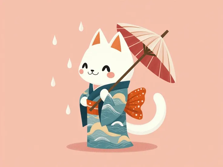 A stylized illustration of a white cat wearing a traditional Japanese kimono and holding a classic parasol. The kimono features an elegant wave pattern in blue and orange tones and a large ribbon on its back. The cat is looking to the side with a calm and ...