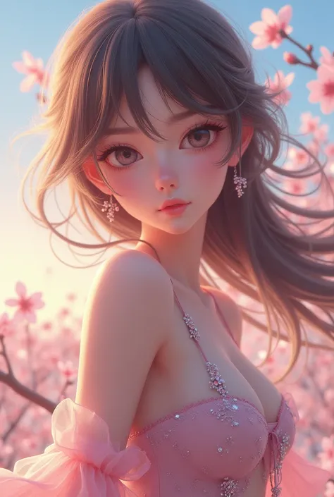 {{{masterpiece}, }}, {extremely detailed CG unity 8k wallpaper}, Amazing, finely detail, solo, {{floating hair}, }, {{Sakura}, }, outdoors, sky, {{wind}, }, detailed background, beautiful detailed eyes, see-through:evening dress:0.3, cleavage, bright pupil...