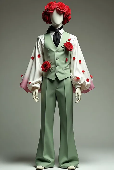   I need you to create a male mannequin that wears a white shirt with embedded red rose petals that is closed at the waist and that the sleeves of the shirt are a little loose but falling towards the shoulders towards the hand and with a dress vest formal ...