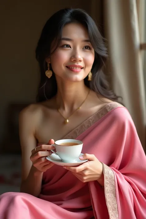 A Beautiful 22 years old girl wearing pink shari holding a cup of tea