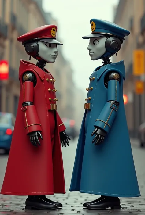 And whether these robots are like twin brothers, let someones dress be red instead of blue, these robots are men, but long clothes, for example, have long police red dress eyes, and one has blue clothes, and two robots have hats, let someone have a smiley ...