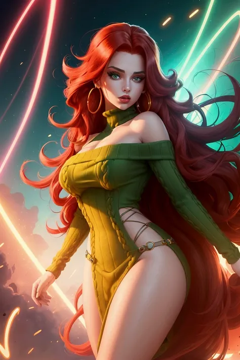 "A confident woman with long, voluminous red hair and striking green eyes, wearing a stylish off-shoulder sweater, large hoop earrings, and glowing skin. The style is vibrant and detailed digital art, inspired by comic book aesthetics, with dramatic lighti...