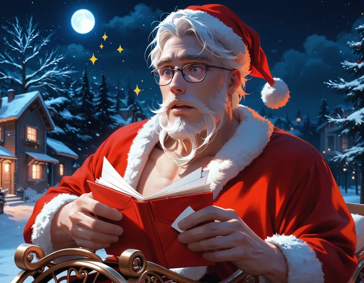 (1male, solo, (hes reading a letter, surprised)) (male is (Santa Claus), (long white beard), glasses ), (christmas, outdoor, big sleigh, night, moonlight), (close up)