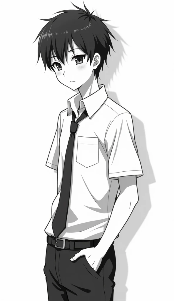 Draw a black and white anime character, male, short hair, normal face, not too handsome but has typical features, Japanese school uniform, standing slightly tilted and looking to the left, white background