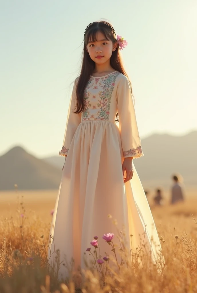 New design of a simple dress for a school project in Mongolia ,very beautiful teen idol, ３ year old girls、Mongolian steppe、