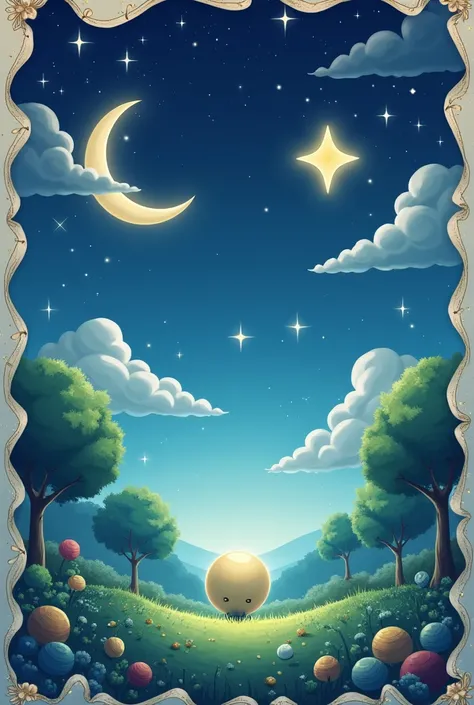 Ball, Star, Moon, Ribbon and tree Landscape Boarder PNG Image