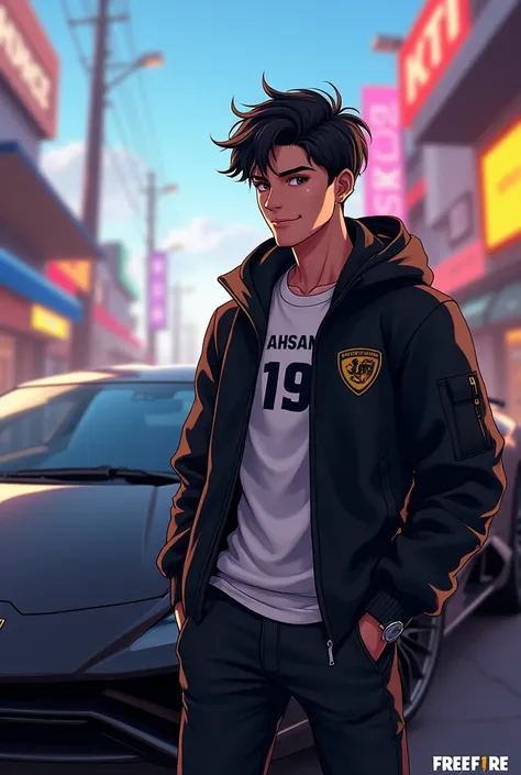 Generate a dangerous free fire pic of Ahsan a 19 year old boy standing with black Lamborghini. Ahsans age and name "Ahsan19" should be written on his shirt. Ahsan is wearing a black jacket. In anime style. He has a cute smile on his face. Add some Beard 