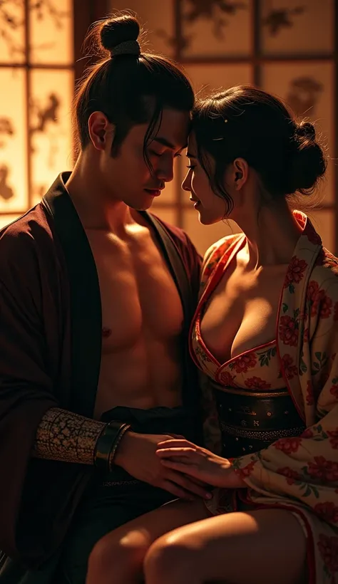 A sensual and erotic , hyper realistic scene of An intimate moment in a hidden chamber where a samurai and a courtesan sit together. The samurai, his torso exposed, bikini to show her a shunga scroll, while she teasingly pulls at his robe, her laughter lig...