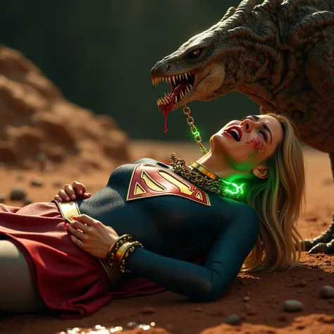 Realistic, hyperrealism, masterpiece, Melissa Benoist as Supergirl, face of Melissa Benoist, Supergirl is laying flat on the dirt, dirty body, handcuffed her wrists together with a green lighting handcuff, a green lighting collar on her neck, severe painfu...