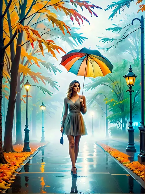 Woman in tight dress with umbrella in hand, in einer mistyen Stadt, colorful autumn leaves on the street, a picture by Kuno Veeber, pixabay contest winner, conceptual art, standing in the rain, mysterious woman, pretty girl, that stands in the rain, Single...