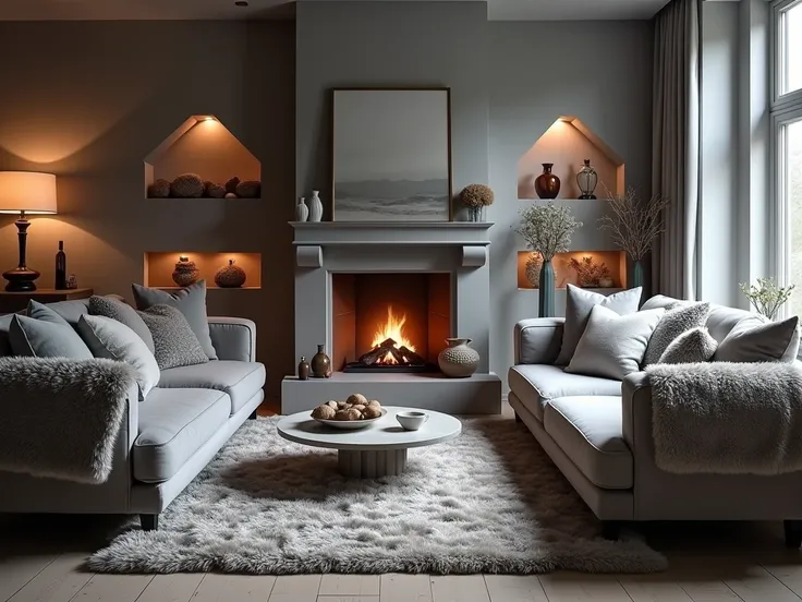 "A warm and inviting grey living room layered with cozy textures. Thick grey rugs, faux fur throws, and soft cushions in varying shades of grey adorn the furniture. A fireplace adds warmth, and dim lighting enhances the cozy atmosphere."