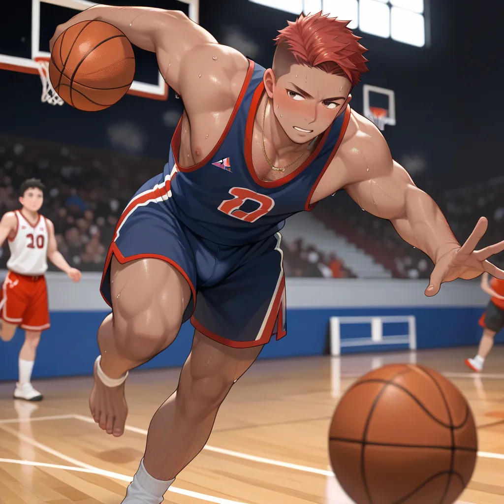 male, male性的な, hairy, red hair, sweat,  basketball player,  i have a basketball, whole body, barefoot, big feet,  white socks , ...