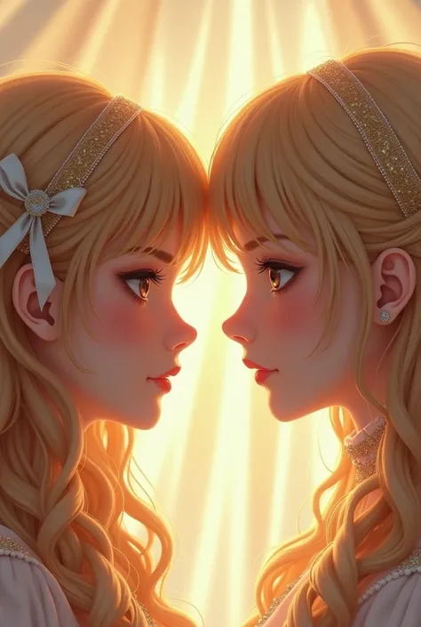 angelic AND royal kpop concept. 2 caucasian girls. blonde hair brown eyes.High Resolution, Long Hair, Bangs, Blonde Hair, Ribbon, Anatomically Correct, Super Detailed, Realistic Faces, Standing Away from each other