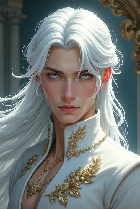 Illustration of a handsome  prince with white hair and white eyes