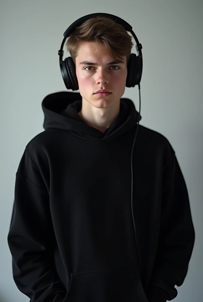 Male character age 17 wearing headphone, instagram video size ratio, looking straight into the camera, stand straight into the camera, wearing black hoodie and transparent background 