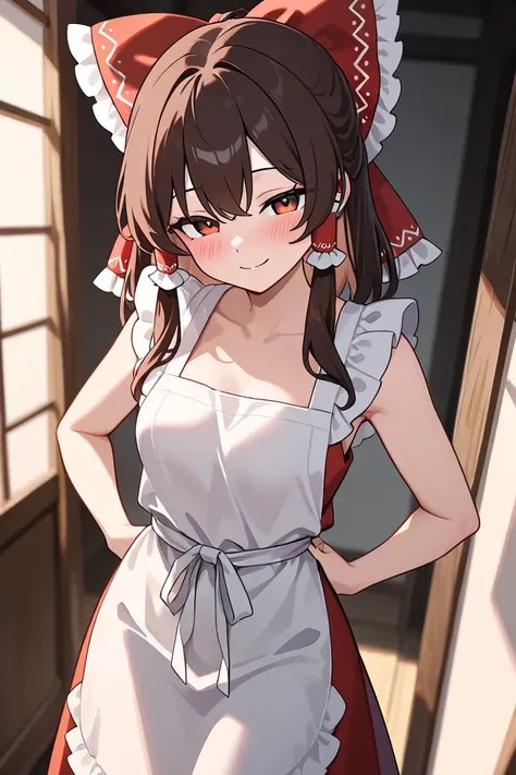 1girl, hakurei reimu, touhou, medium breast, blush, seductive smile, only apron, looking at viewer, cinematic angle, pulling own apron

Masterpiece, best quality, newest,