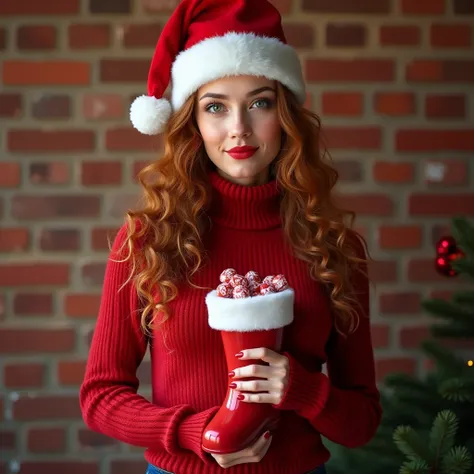 A 22y slim very well-trained woman with long curly reddish brown hair and emerald green eyes ,  with a red Santa Claus hat on her head and a thick red turtleneck sweater with a knitted pattern, stands in front of a red old brick wall, She holds a Santa Cla...