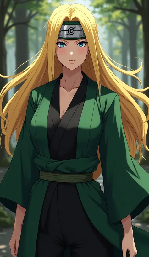 Create an ultra-realistic portrayal of Tsunade, with her mature, powerful presence as the Fifth Hokage. Her face is strong and defined, with soft lines that reveal wisdom and experience, highlighting her balance between authority and compassion. Her blonde...