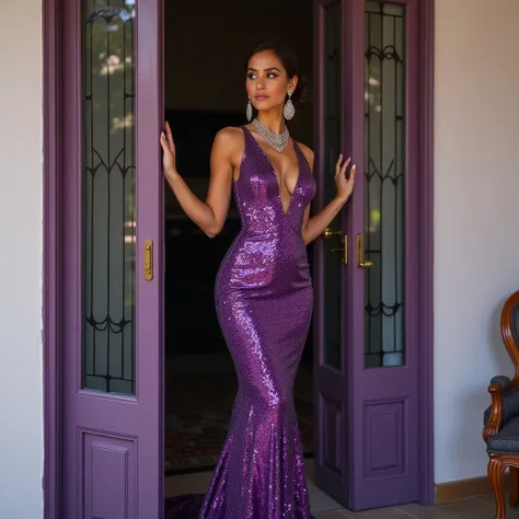 An elegant woman in a purple sparkly dress that accentuates her sandy silhouette with expressive curves.  She is wearing luxurious diamond jewelry with big dangling earrings and a stylish necklace adding to the opulence of her look.  On her legs are purple...