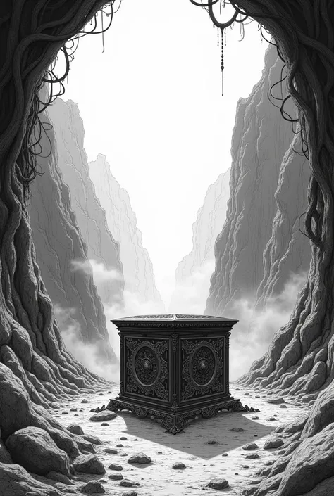 black and white line drawing art: image with framing black shadow edges, arafed image of a the ark of the covenant, gustave dore background, inspired by Gustave Dore, gustave dore style, highly detailed dark art, inspired by gustav dore, hell scape, detail...