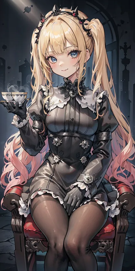 1girl, petite, twin drills, twin tails, blonde hair, long hair, blunt bangs, blue eyes, smile, looking at viewer, goth fashion, gothic architecture, black gothic dress, long sleeves, puffy sleeves, gothic head dress, black pantyhose, black gloves, red rose...