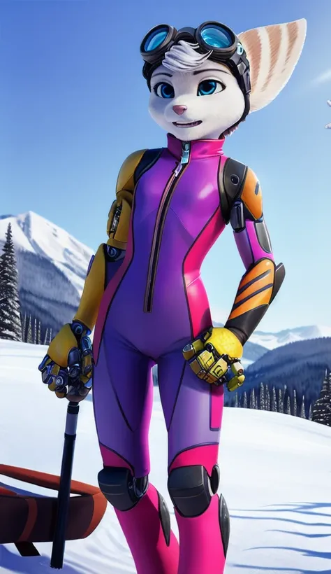 Rivet, tail, furry, 1girl, young, solo, (yellow cybernetic protease on the right shoulder), (pink ski suit), standing at ski park, detailed body fur, detailed body, detailed eyes, detailed face, athletic, skinny, high quality, masterpiece, small breasts, g...