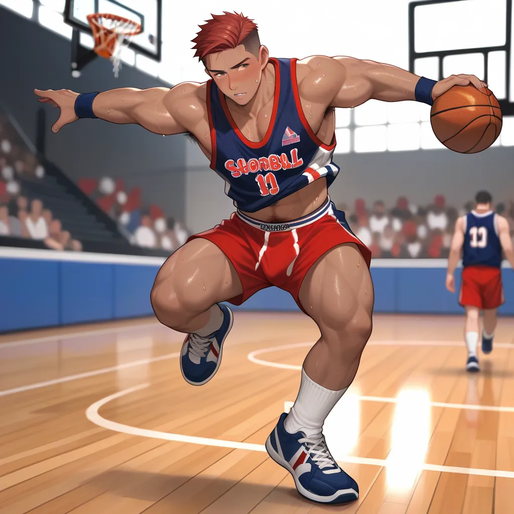 male, male性的な, hairy, red hair, sweat,  basketball player,  i have a basketball, whole body, barefoot, big feet,  white socks , ...