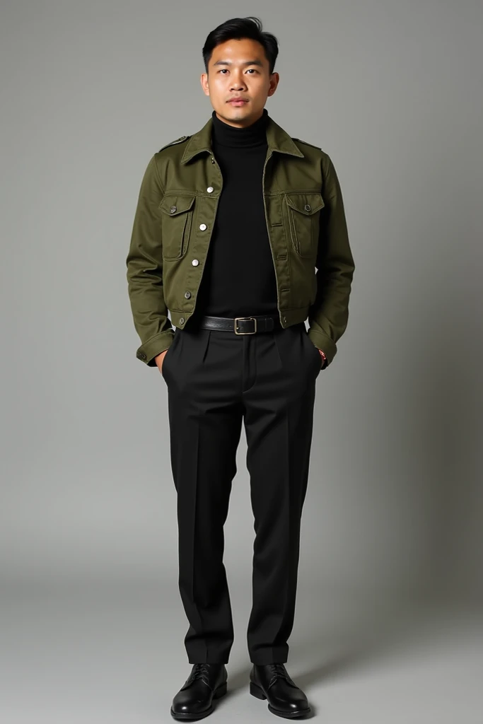 A Filipino guy wearing army green croptop wool jacket, black turtle neck tshirt, black slacks and black shoes. Note dont tuck in the shirt