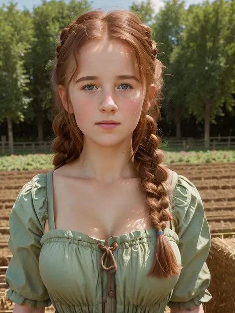 (best quality,4k,8k,highres,masterpiece:1.2),ultra-detailed,(realistic,photorealistic,photo-realistic:1.37), ((mittelalter, a young peasant girl, she works on farm, solo, shy)), ((very large bust size for her young age)), braided red hair, pale skin