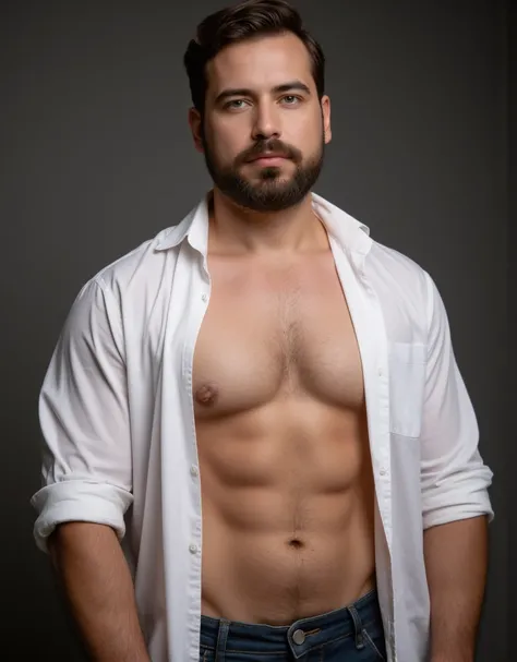 bodybuilder, (bodybuilder Build:1.8),  Big Biceps , Big breast, six pack. beard,  short hair,  open white shirt . Poses stylish . around 2. elegant, with blue eyes,  chest hair ,  brown hair, ( 8K,  masterpiece ,  better quality ,  High resolution,  super ...