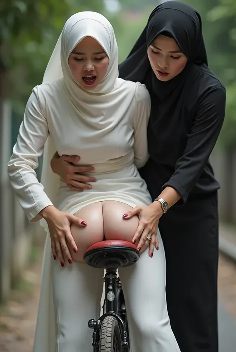 Asian sissy boy in hijab as bride  ,ass out pants ,spanked by two black tough women , back view , screaming ,ass view, breeding, on bicycle ،