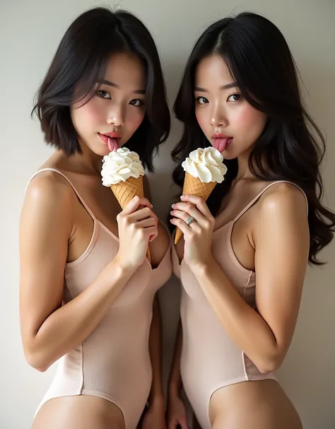 Photo of two beautiful largebreast japanese woman,woman in left has a bobcut hair and woman in right has a long hair,looking at viewer,they licking ice cream,they wearling tanktop,front light