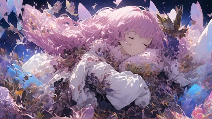 Generate an image of a woman floating in the air and 、Generate an image of a woman sleeping in a dark fantastic world with a background holding a dream-eating sparrow