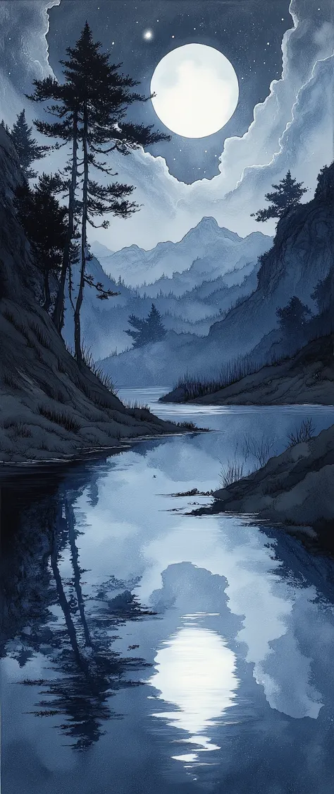 (  Masterpiece :1.2, Superior Quality ,  MIRROR FINISH  ,  best illustration ),8k,16k, wallpaper,(Quiet Lake),(Morning Haze),(Quiet Lake畔の森の小屋),(  knight ),(moonlight),(watercolor),( dynamic ),(美しい  gradient  ),(tranquility),(dark and quiet atmosphere  :1....