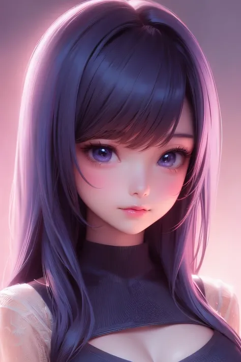 (best quality, sketch:1.2),realistic,illustrator,anime,1 asian girl, young, cleavage, big breasts, detailed lips,sweater,custom,blue gradient background,neon hair,textured cropping, masterpiece, style retro classic, noir dark 