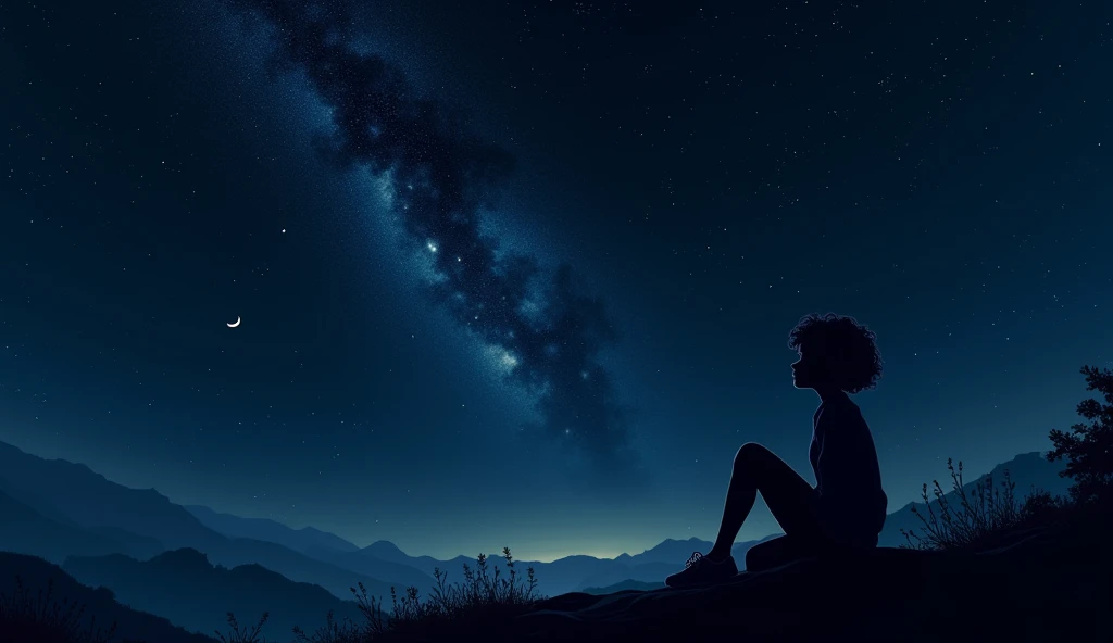 Silhouette of a girl with a curly short hair sitting on the right side a little far away and stargazing, dark sky with lots of dazzling  stars, milky way is visible, meteors falling, small crescent moon