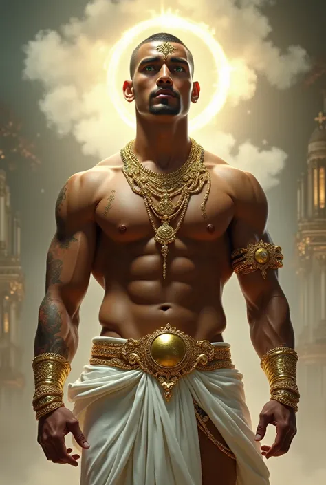 A muscular Indian Tamil man is in a wonderland, 20yo, He wears a rich white like snow (layer of brown skin on shoulders and back) with a very long stack, under which his extremely muscular body can be seen, The emphasis is on the male body. Above his head ...