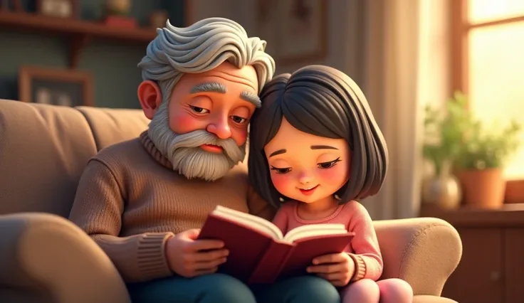 A 60-year-old man sits reading a story with a girlfriend wearing a pink dress with short hair to the shoulders chibi 3D animation style