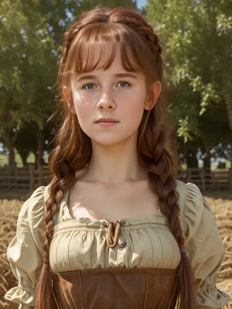 (best quality,4k,8k,highres,masterpiece:1.2),ultra-detailed,(realistic,photorealistic,photo-realistic:1.37), ((mittelalter, a young peasant girl, she works on farm, solo, shy)), ((very large bust size for her young age)), braided red hair, pale skin