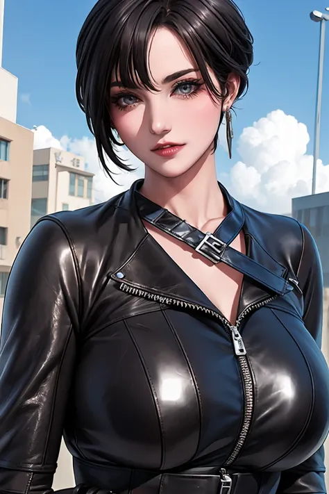  one girl , Alone,  blue eyes, gem,  earrings for a woman alone, smile, Look to the side,  upper body, compensate、cloud, Sky Porn, day,  ,  blue sky, clavicle,  leather miniskirt 、Mature Woman,  with very big breasts ，((  best quality)),(超  nothing ),(   v...