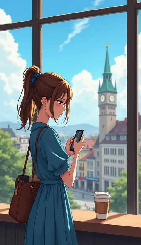 a digital illustration shoot from the side about a young woman standing in a cafe, looking at her phonethe image also shows a scenic view of a cityscape through large windows, a 20 years old japanese woman with light skin and brown hair, who appears to be ...