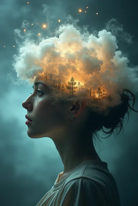 4. The Clouded Mind

Visual: A mother with a transparent head filled with swirling images: crying ren, bills, self-doubt, and “to-do” lists of work . Around her are dim lights trying to penetrate the cloud. create it very beautifully
