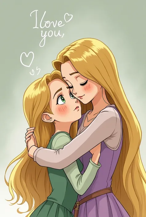 Rapunzel hugging a blonde girl with green eyes water.  Make it have an anime style from the 1970s in black and white and that it has some letters above that say: I love you, celeste 