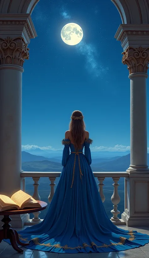 A serene and symbolic scene of the princess standing on a palace balcony, gazing at the vast sky. The open book rests on a table nearby, with blank pages glowing softly in the moonlight."
"The princess is wearing a long dark blue gown with gold embroidery ...