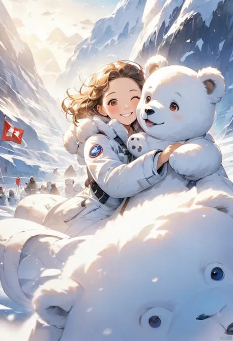 Antarctica、A smiling woman is playing with a white bear