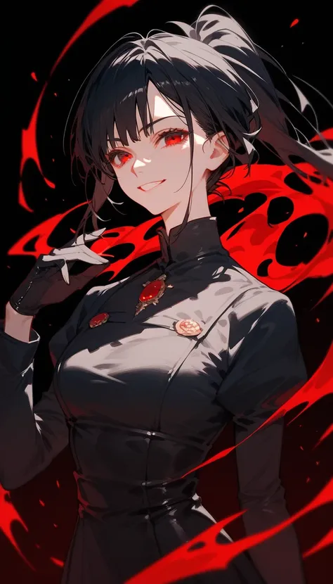 girl,Black hair, thin hair, slightly white, in red eyes , pretty short hair , long ponytail , Evil,Black dress with long sleeves, Chestnut-sized, Black long-sleeved shirt , put on black gloves, with a slight smile, black background,