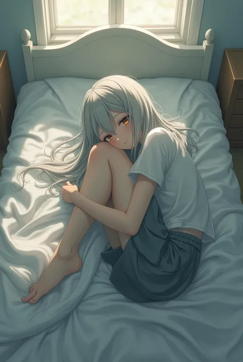 A girl with gray hair in a skirt and stockings is lying in bed