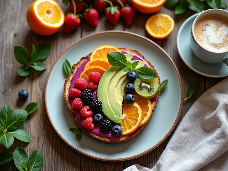 "Flat lay of a healthy breakfast setup on a rustic wooden table, featuring avocado toast, a smoothie bowl, fresh fruits, and a cup of coffee with a linen napkin."