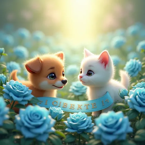  cute dog and cute cat looking at blue roses、Shining Light、AQUA letters on the ribbon 