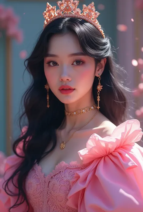 ITZY Lia ,  black hair, korean girl, Kpop idol .  Dressed as GLINDA THE GOOD ONE from the Wizard of Oz.